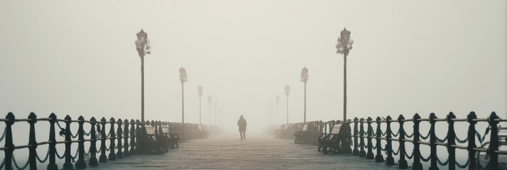 An indistinct figure wanders along a fog shrouded pier amidst vintage lamps and benches