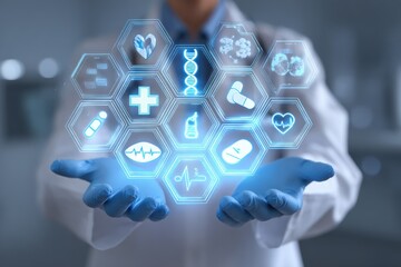 An Asian medical professional presents glowing digital icons of health and wellness in their gloved hands