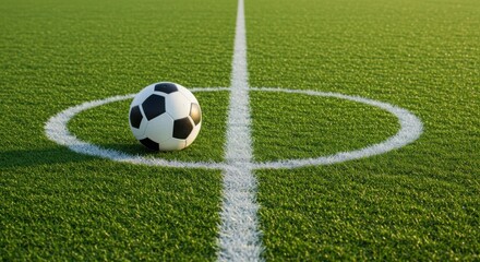 Soccer ball on center circle of green field