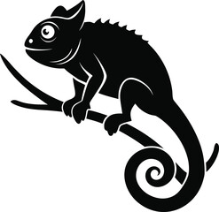 Fototapeta premium Chameleon on Branch Silhouette – Black Vector Wildlife Reptile Illustration
