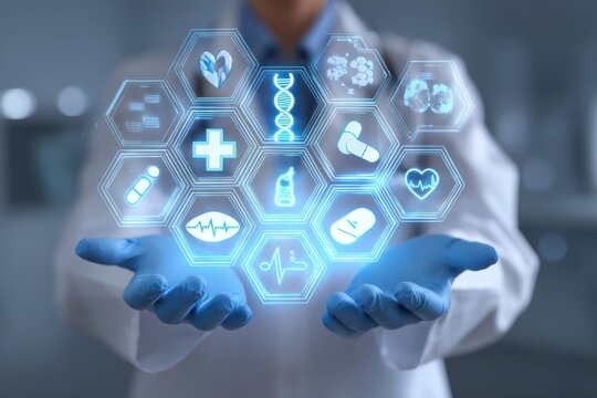 An Asian medical professional presents glowing digital icons of health and wellness in their gloved hands - Powered by Adobe