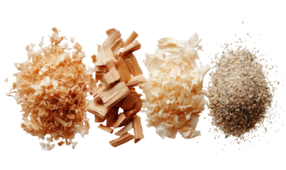 Three piles of wood chips and chunks, different textures