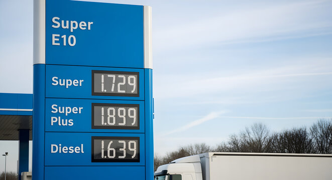 Fuel Price Display with Bright Blue Signage Against Blue Sky and Roadside Elements Gas Station Super E10 Super Plus and - Powered by Adobe