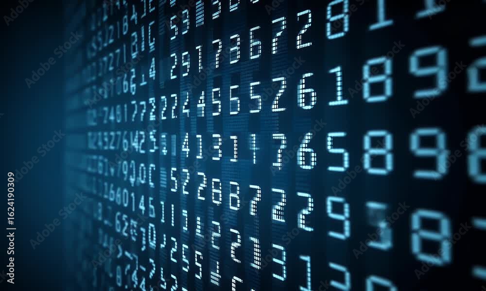 Wall mural abstract background of blue numbers and letters in the form of binary code on a dark digital wallpap
