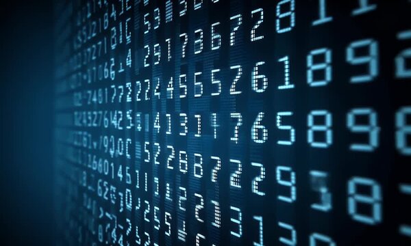 Abstract background of blue numbers and letters in the form of binary code on a dark digital wallpaper