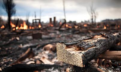 Fototapeta premium Charred Tree Logs in a Devastated Wildfire Landscape with Smoke