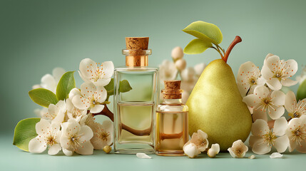 Ripe pear with essential oil bottles. Natural Perfume Ingredients.