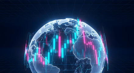 Futuristic World Globe Displaying Stock Market Data in Cyan and Pink Against Dark Background