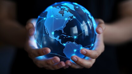 Pair of Hands Holding a Glowing Blue Globe with a Connected Network Overlay, Representing Global Communication, Technology, and Digital Connectivity