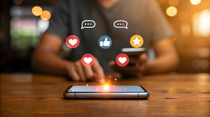 Person using smartphone with social media icons floating