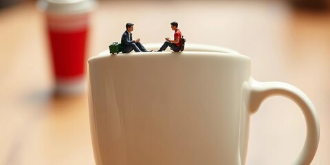Miniature figures conversing atop oversized beverage cup, scene, composition