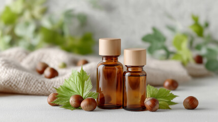 Hazelnuts with amber glass perfume bottles. Natural Perfume Ingredients.
