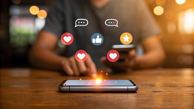 Person using smartphone with social media icons floating