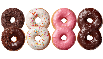 Four donuts arranged in an eight shape.  Glazed in chocolate, pink, and white frosting.  Sprinkles adorn the white