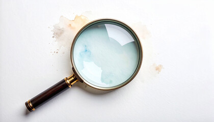A single small magnifying glass placed on a blank surface, showing magnified paper texture through the lens, in a quiet and abstract minimalist style.

