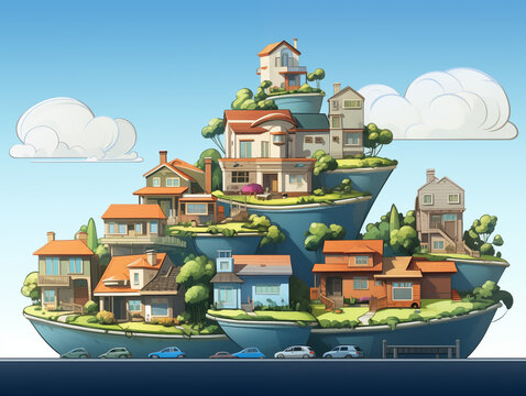Charming cartoon neighborhood stacked on rolling hills under a bright blue sky with clouds