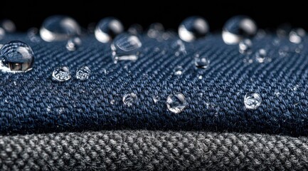 Water droplets on dark blue and gray fabric