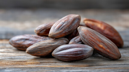 Close-up of whole tonka beans on a rustic wooden surface. Natural Perfume Ingredients.
