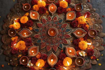 Ornate diwali decoration with candles and flowers on a patterned surface