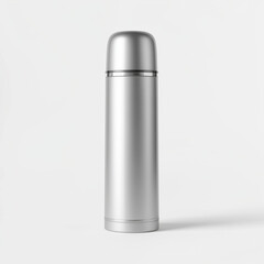 A silver thermos bottle standing upright on a plain white background shot studio