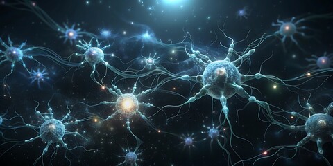 Abstract visualization of interconnected neurons firing in a vast neural network, representing brain activity and biological communication.