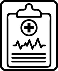 Obraz premium Medical report icon with a patient chart, heartbeat line, and cross symbol.