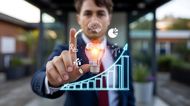Businessman interacting with glowing lightbulb and digital analytics