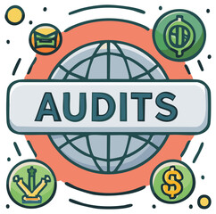 Global financial audits concept illustration with world and money icons