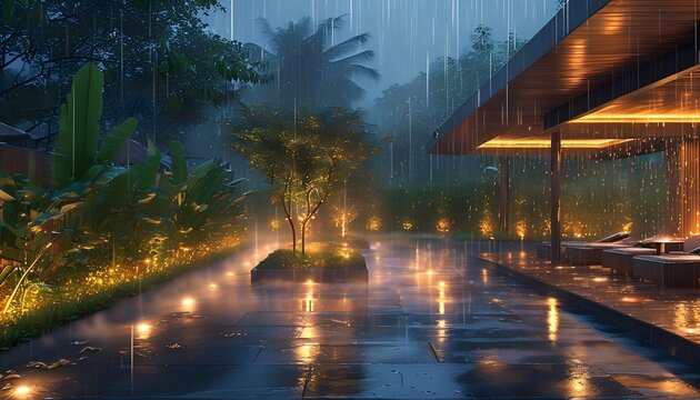 A serene pathway illuminated by warm lights and reflections on a wet surface during a gentle evening rain shower surrounded by lush tropical foliage - Powered by Adobe