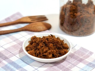 bowl of beef floss with wooden utensils