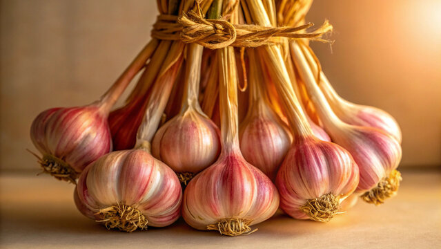 Freshly harvested garlic bulbs tied together showing close up of the beautiful food ingredient