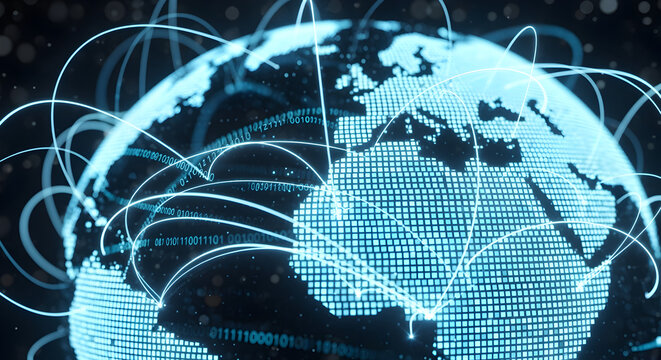 Global Network Visualization of Earth with Interconnected Blue Lines Representing Digital Connectivity and