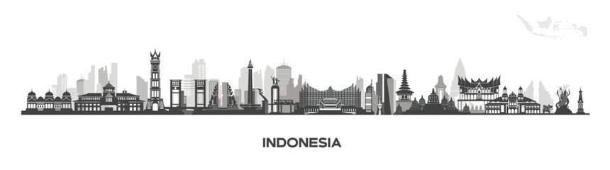 indonesia building landscape design, tourist attraction icons and indonesia country icons, beautiful asia culture country skyline