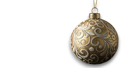 A single ornate golden oval christmas ornament with intricate swirling patterns hangs suspended against a deep black background creating a festive and elegant holiday decoration
