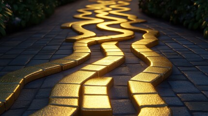 Golden Pathway with Wavy Blocks on a Sunset Lit Stone Walkway