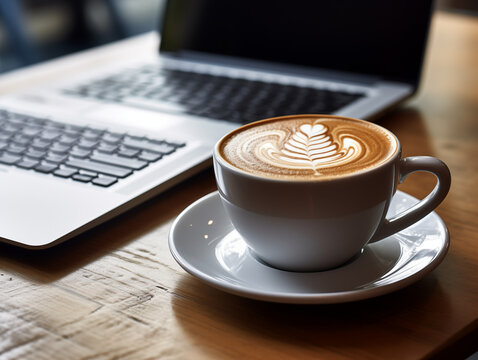 Sip on creativity with a latte and laptop, fueling productivity and inspiration for your workday.