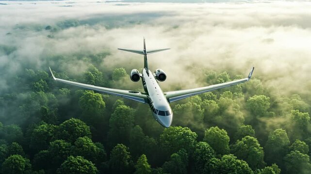 Eco-friendly plane flies above green trees. Sustainable travel concept. Clean energy aviation in nature video