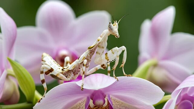 A beautiful white and pink orchid mantis camouflaged on a matching orchid flower in a garden