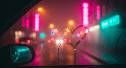 Romantic urban scene with a heart drawn on a foggy car window overlooking blurry neon city lights on a rainy night