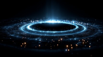 Obraz premium Futuristic glowing blue digital ring emitting light particles in dark cyber space background representing technology and innovation