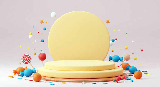 Yellow podium stage with candies for product display marketing and advertisement backdrop 3d