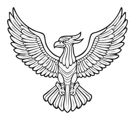 Fototapeta premium Monochrome Stylized Bird with Spread Wings Line Art on White Background