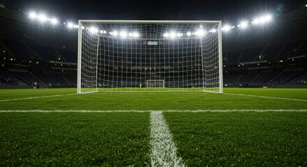 Obraz premium Brightly lit soccer goal on football field