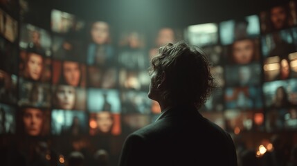 Man stands in a dim room surrounded by glowing digital screens showing various faces, exploring surveillance and digital identity