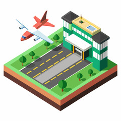 Fototapeta premium Isometric airport terminal building with airplane flying overhead