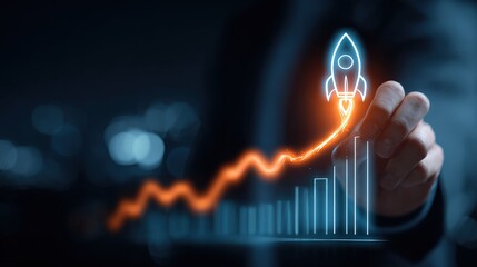 a rising rocket launching on growth graph, symbolizing business startup and growth
