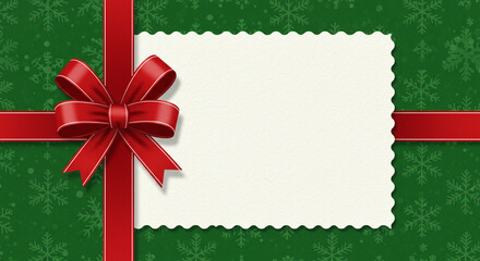 Festive Holiday Greeting Card with Red Ribbon Bow and Snowflake Pattern Background fast season