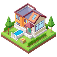 Modern isometric house with swimming pool and garden