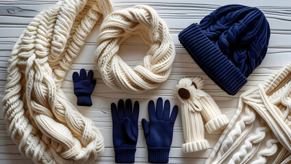 Navy and cream winter clothing and accessories flatlay