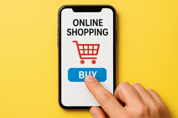 Online shopping app on smartphone with finger pressing buy button on yellow background showing ecommerce